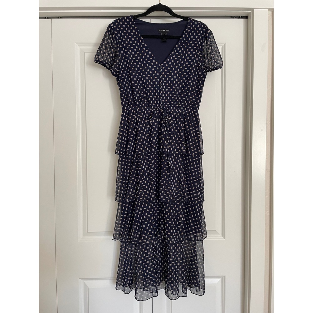 Stella & Julie Polka Dot Tiered Ruffle Mesh V-Neck Midi Dress Navy Blue Size 10